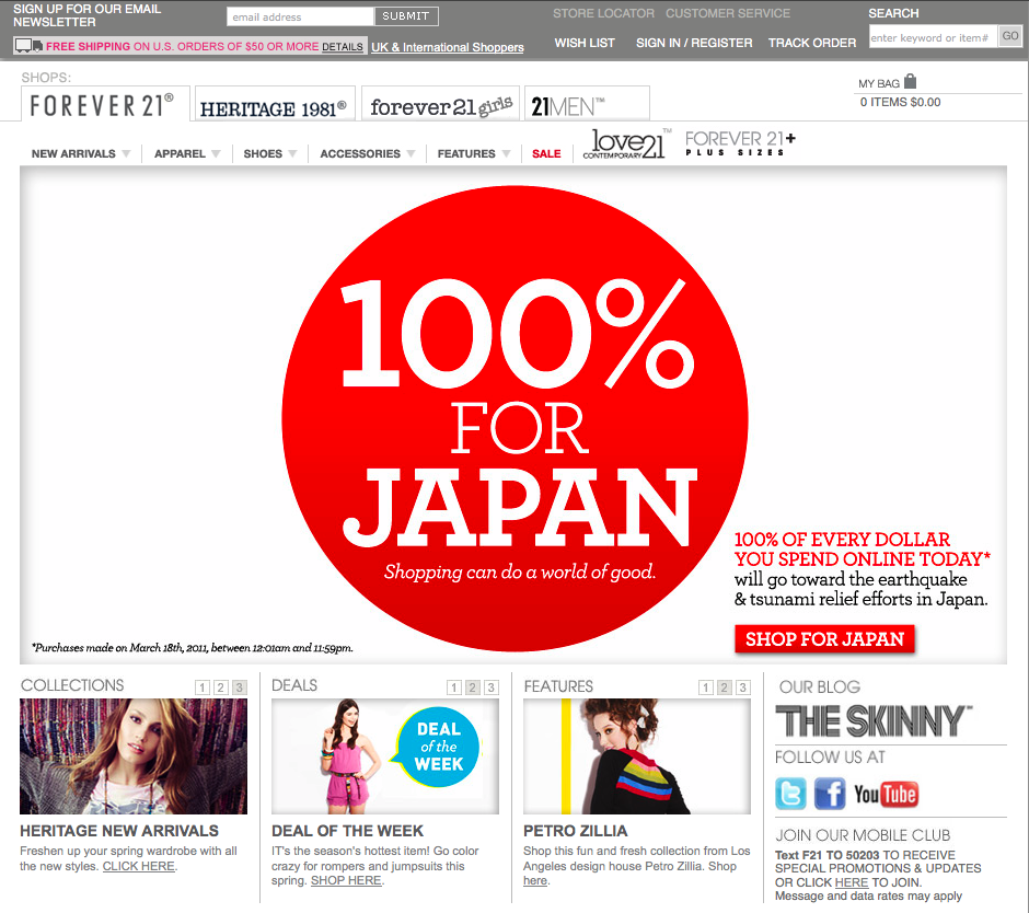 Today Only! Forever 21 Gives 100% Towards Japan